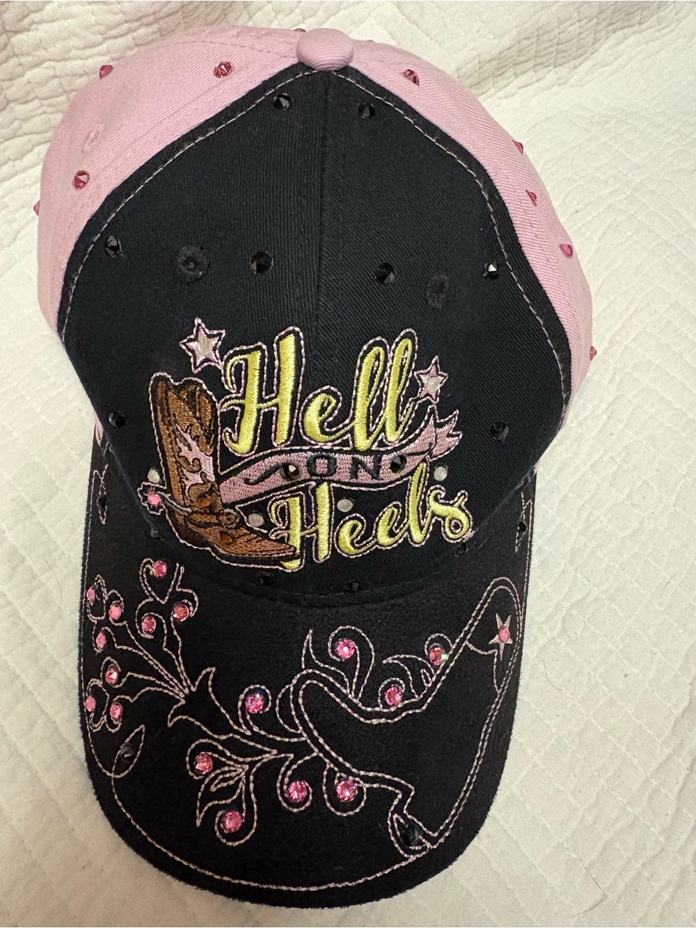 'Hell on Heels' Rhinestone Embroidered Black & Pink Cap